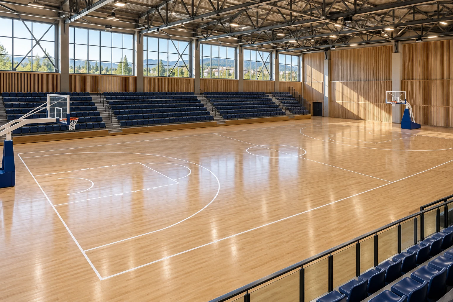 Sportovní hala s dřevěným hřištěm a tribunami pro diváky