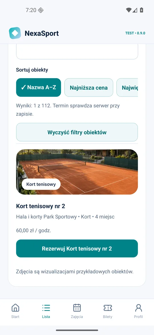 Aplikacja mobilna: Obiekty i wolne terminy